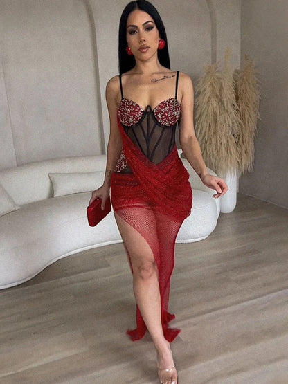 Luxury Irregular Lace Rhinestone Fish Bone Mesh Spaghetti Strips Slim Split Long Party Women Sexy Birthday Wedding Guest Dress
