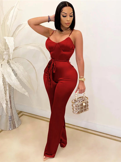 HBLL Women's Sexy Jumpsuits Clubwear Elegant Party Rompers High Waisted Wide Leg Pants One Piece Sleeveless Jumpsuit with Belt
