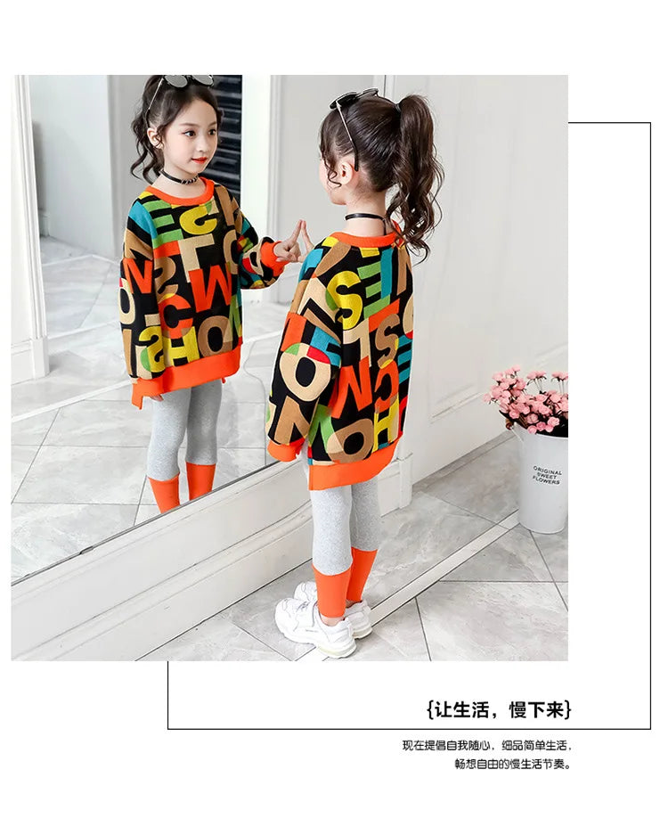 2025 girls clothes autumn winter letter sweatshirt t-shirt hooded + stretch pants leggings cotton teens child 8 9 10 11 12 year