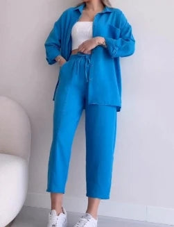 summer outfits for women 2025 New Loose Button Long Sleeve Shirt and Cropped Pants Casual Sports Summer women's suit Pants Set