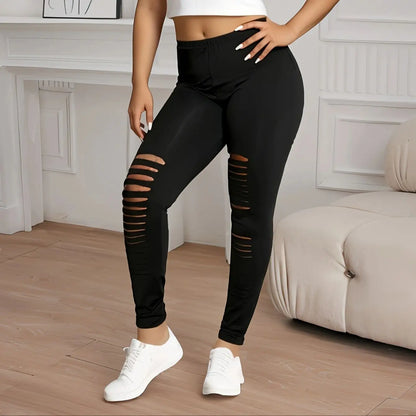 New Fashion Black Irregular Ripped Leggings Black High Stretch Tights Personality Solid Color Nine-point Pants Plus Size Women