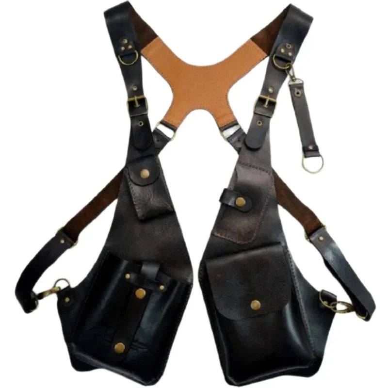 Men Women steampunk vintage cosplay PU leather shoulder harness bag double Phone Wallet case holster Viking underarm purse