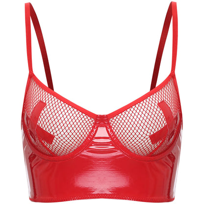 Womens Lingerie Fishnet Mesh Bra Bustier See Through Mesh Underwire Balconette Back Zipper Bras Sexy Push Up Wet Look Crop Top