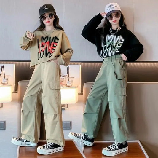 2025 spring autumn Kids tracksuit Children set Girls Clothes loose T-Shirt + wide leg Cargo Pants Teenager 4 5 6 7 10 11 12 year