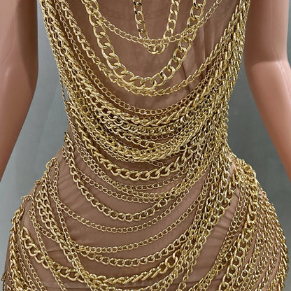 Gold Luxury Chains Khaki Sexy See-Through Sheath Mini Dress Evening Party Performance Costume Bar Nightclub Singer Stage Wear