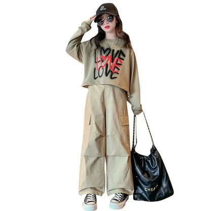 2025 spring autumn Kids tracksuit Children set Girls Clothes loose T-Shirt + wide leg Cargo Pants Teenager 4 5 6 7 10 11 12 year
