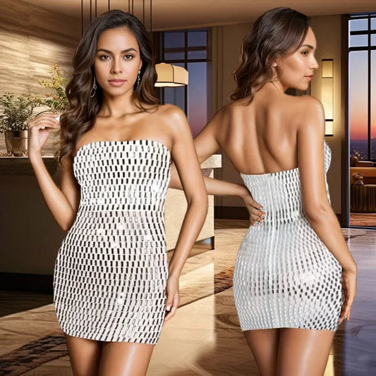 Leosoxs Hot Diamonds Patchwork Mini Dresses for Women Off the Shoulder Backless Summer Bodycon Dress Party Evening Vestidos