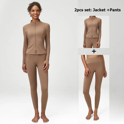 2/3 Pieces Fitness Yoga Set Women Solid Color Stretch Athletic Suit Sexy Bra Zipper Jacket High Waist Leggings Female Sportswear