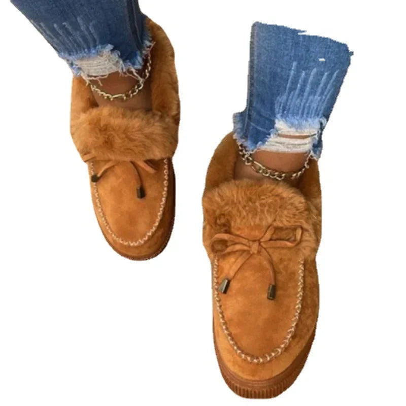 Solid Color Furry Females Feetwear Women Winter Cotton Shoes Plush Warm Snow Boots Ladies Casual Flat Short Boots