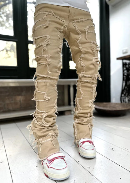 2024 Spring Summer New Men's Clothing Fashion Solid Color Elastic Patch Denim Straight-Leg Pants Jeans