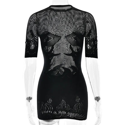 Sifreyr High Stretch Sheer Mini Dress Women Basics Solid Color O Neck Short Sleeve Slim Bodycon Party Sexy Dresses Fashion