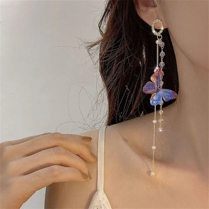 New Luxury Women Zircon Crystal Pearls Long Tassel Butterfly Earrings