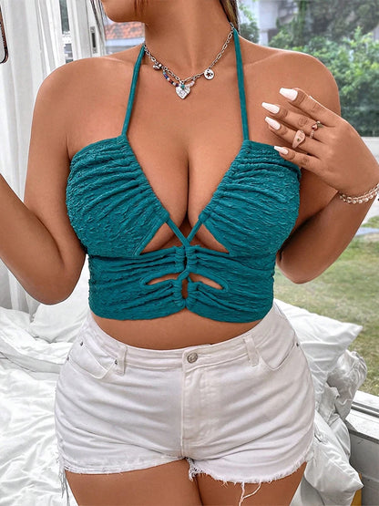 Plus Size Best for Summer  Women's Sleeveless Cross Drawstring Short Vest, Backless, Spaghetti Straps, Halter Neckline