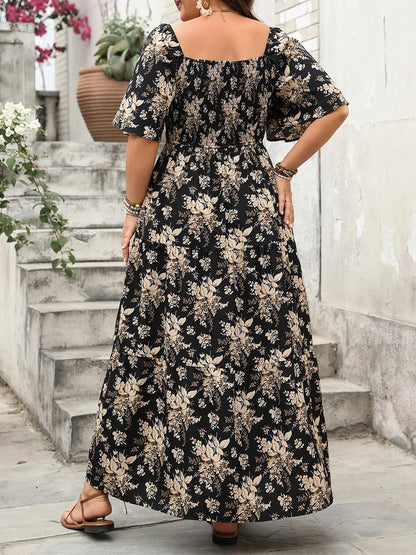 GIBSIE Plus Size Square Neck Floral Print Maxi Dress Women Summer 2025 Knot Front Hollow Out Boho Vacation Big Swing Dresses