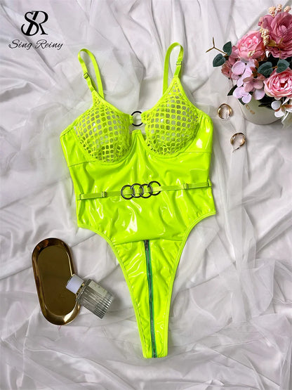 SINGREINY 2024 Leather Sexy Bodysuit Fashion Zipper Open Crotch Erotic Rompers Backless Mesh Sheer Hollow Out Sheath Playsuit