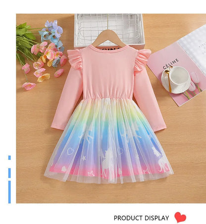 2025 New Princess Dress Unicorn Girls Dress Spring Kids Clothes Birthday Party Dress Long-sleeved for Children Rainbow 2-8Y