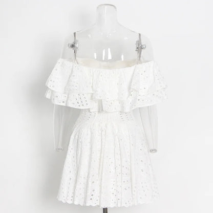 JAMERARY Women Dress Summer Runway Cut Out Double Layer Ruffles Embroidery Elastic Waist Short Party Vestidos Holiday Beach Wear