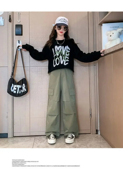 2025 spring autumn Kids tracksuit Children set Girls Clothes loose T-Shirt + wide leg Cargo Pants Teenager 4 5 6 7 10 11 12 year
