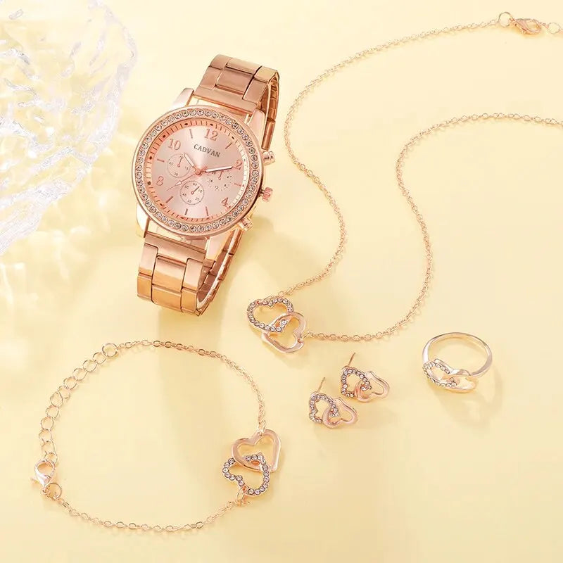 6PCS Luxury Watch Ring Necklace Earring Bracelet Watches Rhinestone Set