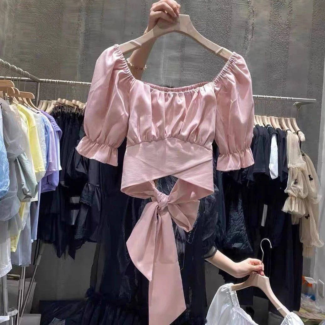 Sweet Pleated Blouses Women 2025 Blusas Mujer De Moda Puff Sleeve Square Collar Bandage Bow Crop Tops Summer White Blouse Shirts