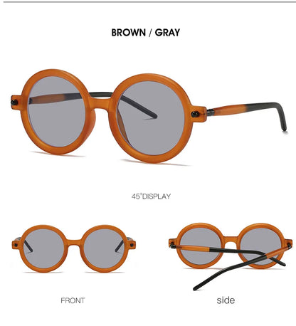 Retro Gray Pink Lens Round Sunglasses Women 2025 Brand Trendy Shiny Circle Frame Men Spectacle Plain Eyewear Shades Sun Glasses