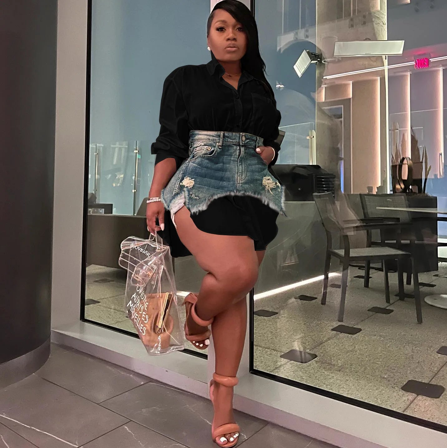 Joskaa Solid Lapel Long Sleeve Single Breasted Shirt Dress and Irregular Denim Skirt Two Piece Set Women 2023 Cute Street Outfit