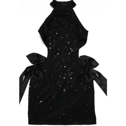 FAGADOER Bow Patchwork Bodycon Birthday Party Mini Sequined Dress Black Sexy Side Hollow Halter Tassel Night Clubwear 2024 New