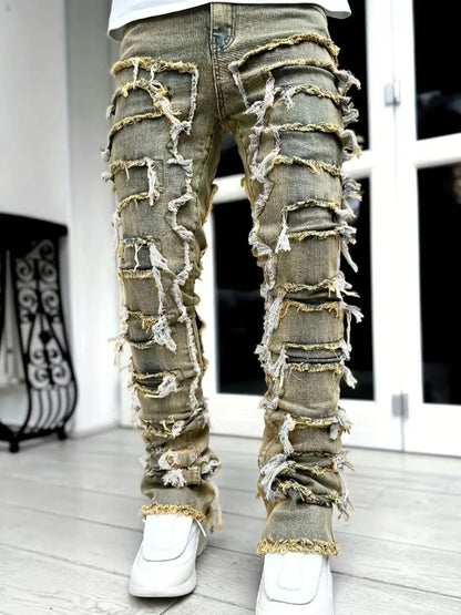 New Fashion Stretch Jeans Man Stacked Jeans Elastic Waist Straight Fit Patchworks Denim Long Pants Fringe Ripped Jeans For Men