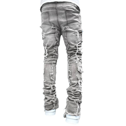2024 Spring Summer New Men's Clothing Fashion Solid Color Elastic Patch Denim Straight-Leg Pants Jeans
