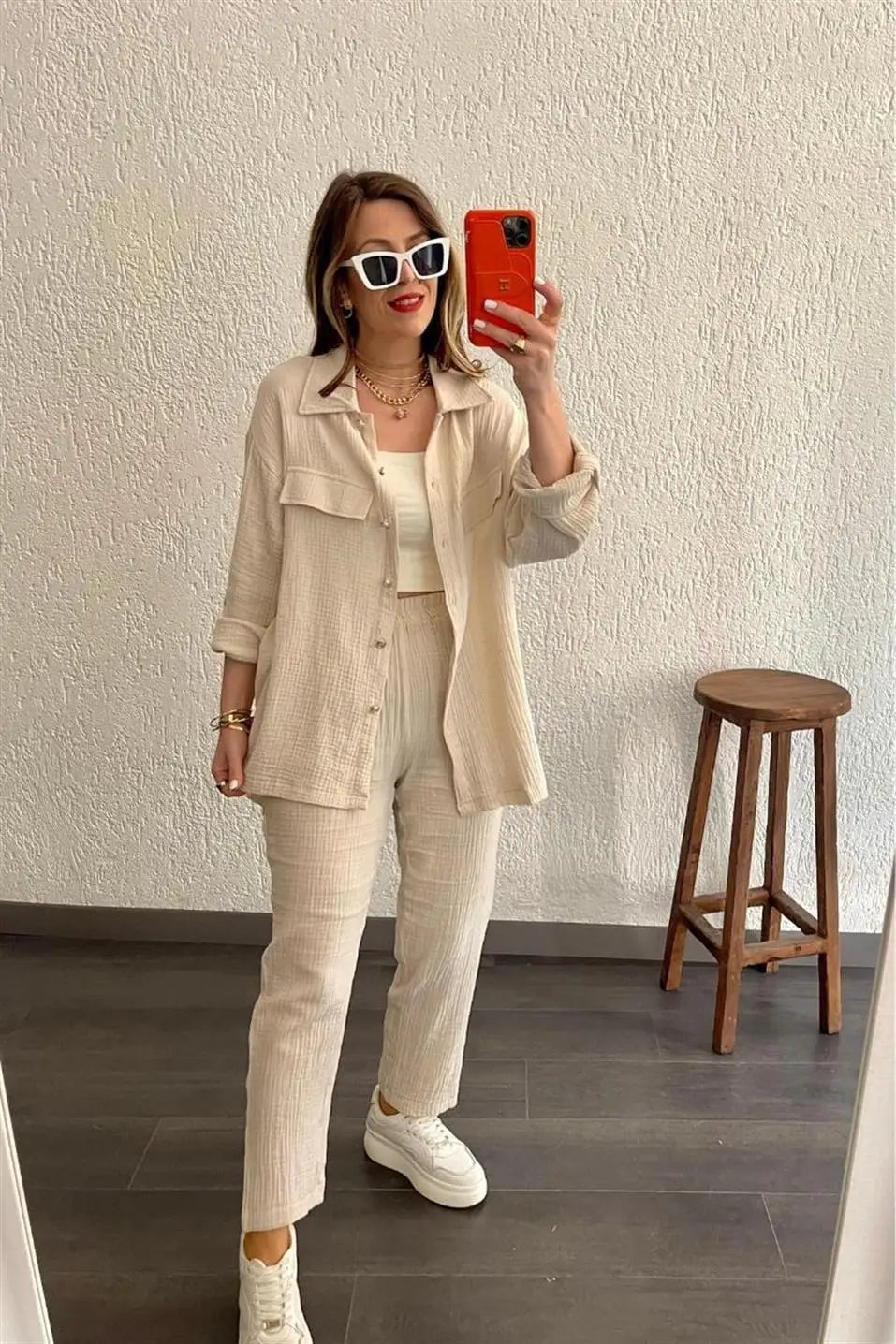 summer outfits for women 2025 New Loose Button Long Sleeve Shirt and Cropped Pants Casual Sports Summer women's suit Pants Set