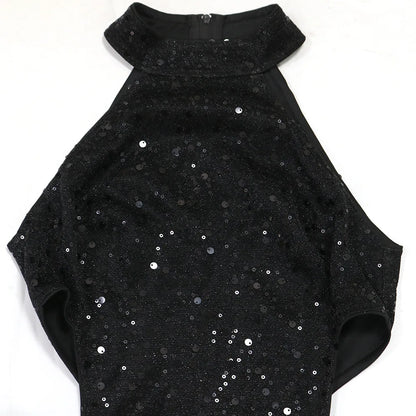 FAGADOER Bow Patchwork Bodycon Birthday Party Mini Sequined Dress Black Sexy Side Hollow Halter Tassel Night Clubwear 2024 New