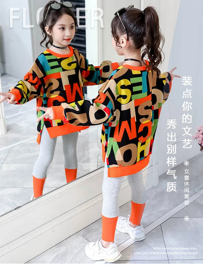 2025 girls clothes autumn winter letter sweatshirt t-shirt hooded + stretch pants leggings cotton teens child 8 9 10 11 12 year