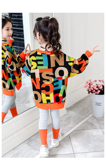 2025 girls clothes autumn winter letter sweatshirt t-shirt hooded + stretch pants leggings cotton teens child 8 9 10 11 12 year