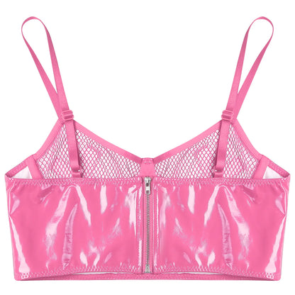 Womens Lingerie Fishnet Mesh Bra Bustier See Through Mesh Underwire Balconette Back Zipper Bras Sexy Push Up Wet Look Crop Top