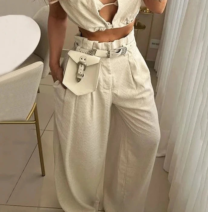 Women Two Piece Pants Set 2025 Solid Lapel V Neck Sleeveless Crop Top + Casual High Waist Pocket Wide Leg Pants Set Streetwear