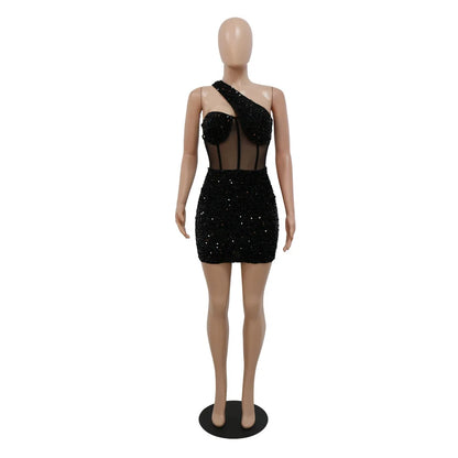 2023 Summer Women Sleeveless One Shoulder Bodycon Sexy Glitter Sequined Mesh Patchwork Mini Dress For Women Birthday Party