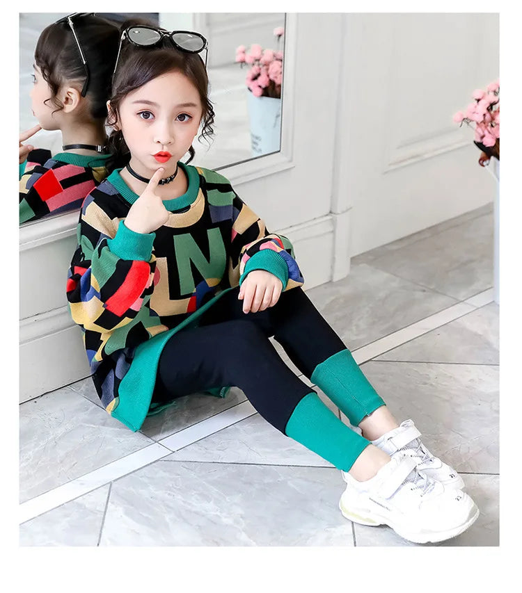 2025 girls clothes autumn winter letter sweatshirt t-shirt hooded + stretch pants leggings cotton teens child 8 9 10 11 12 year