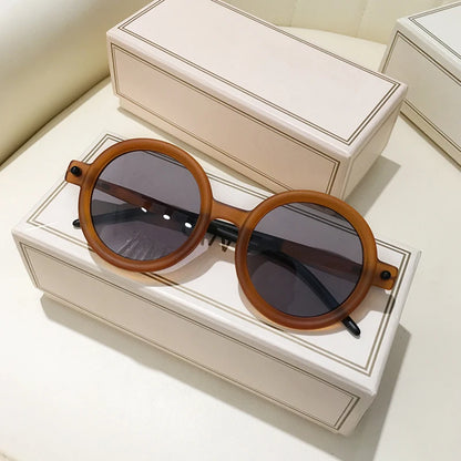 Retro Gray Pink Lens Round Sunglasses Women 2025 Brand Trendy Shiny Circle Frame Men Spectacle Plain Eyewear Shades Sun Glasses