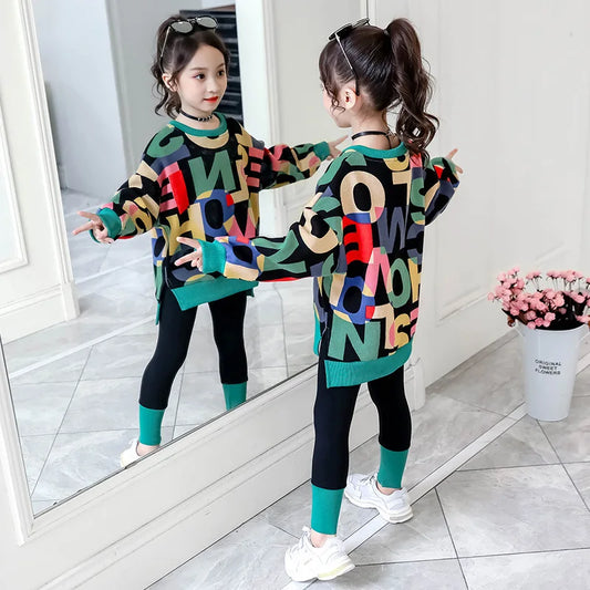 2025 girls clothes autumn winter letter sweatshirt t-shirt hooded + stretch pants leggings cotton teens child 8 9 10 11 12 year