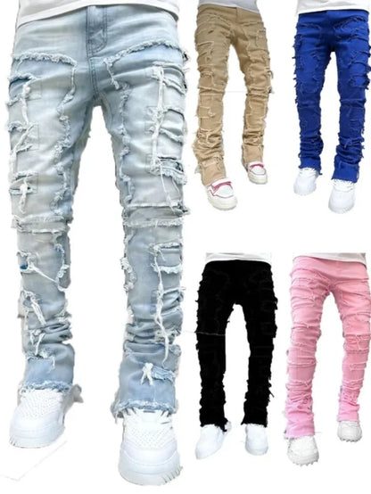 New Fashion Stretch Jeans Man Stacked Jeans Elastic Waist Straight Fit Patchworks Denim Long Pants Fringe Ripped Jeans For Men