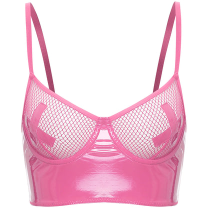 Womens Lingerie Fishnet Mesh Bra Bustier See Through Mesh Underwire Balconette Back Zipper Bras Sexy Push Up Wet Look Crop Top