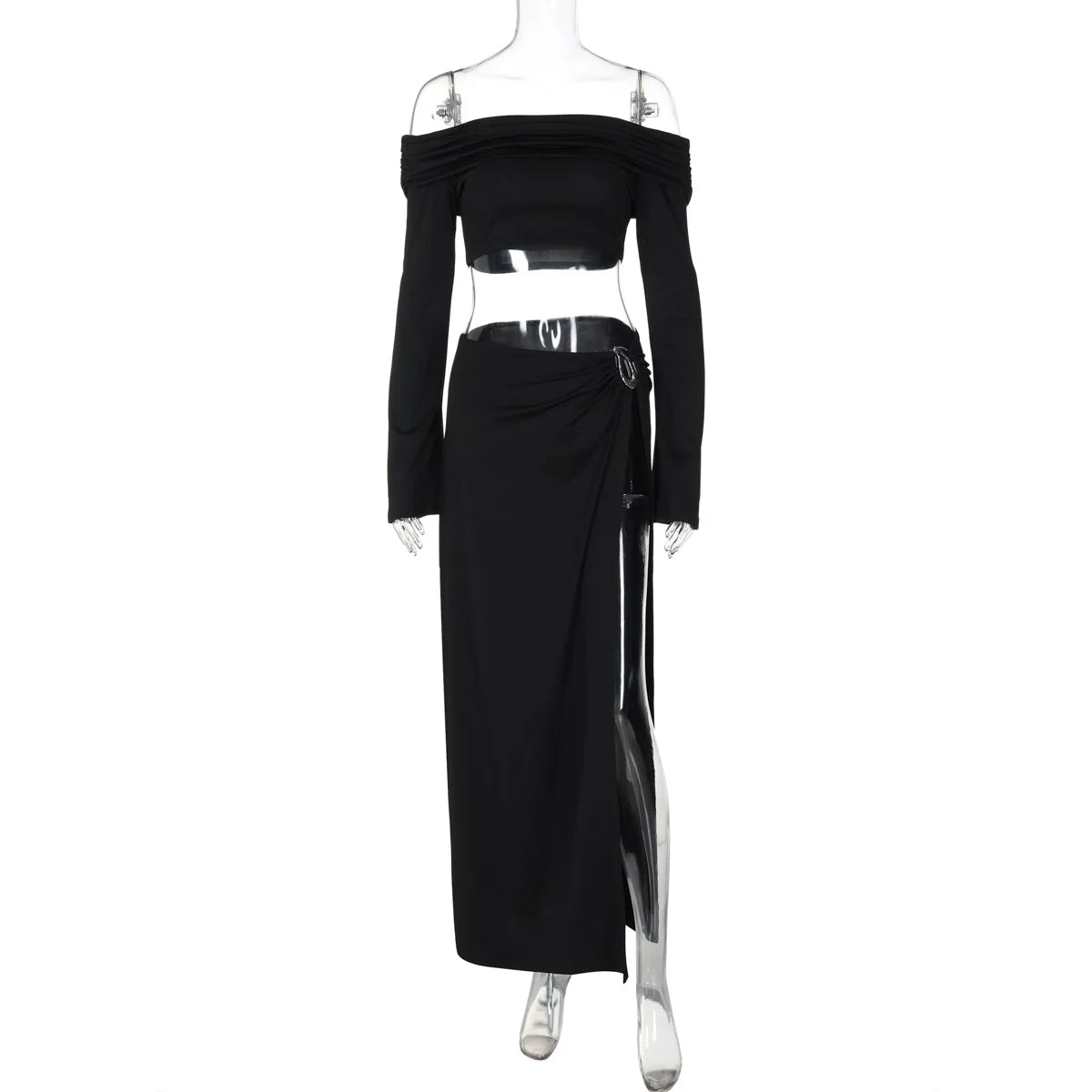 Women's Solid Beach Skirt Sets Sexy High Split Slim Bohemian Outfits Off The Shoulder Holiday Fashion 2 Piece Set 2025 Beachwear