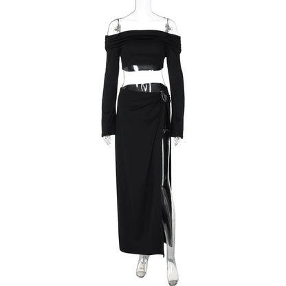Women's Solid Beach Skirt Sets Sexy High Split Slim Bohemian Outfits Off The Shoulder Holiday Fashion 2 Piece Set 2025 Beachwear