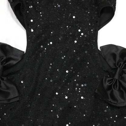 FAGADOER Bow Patchwork Bodycon Birthday Party Mini Sequined Dress Black Sexy Side Hollow Halter Tassel Night Clubwear 2024 New