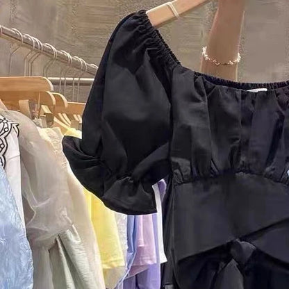 Sweet Pleated Blouses Women 2025 Blusas Mujer De Moda Puff Sleeve Square Collar Bandage Bow Crop Tops Summer White Blouse Shirts
