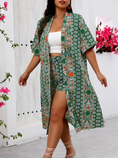 GIBSIE Plus Size Summer Two Piece Set For Women Vacation Long Kimono Cardigan with Shorts Beach Style Boho Print Outfit Sets