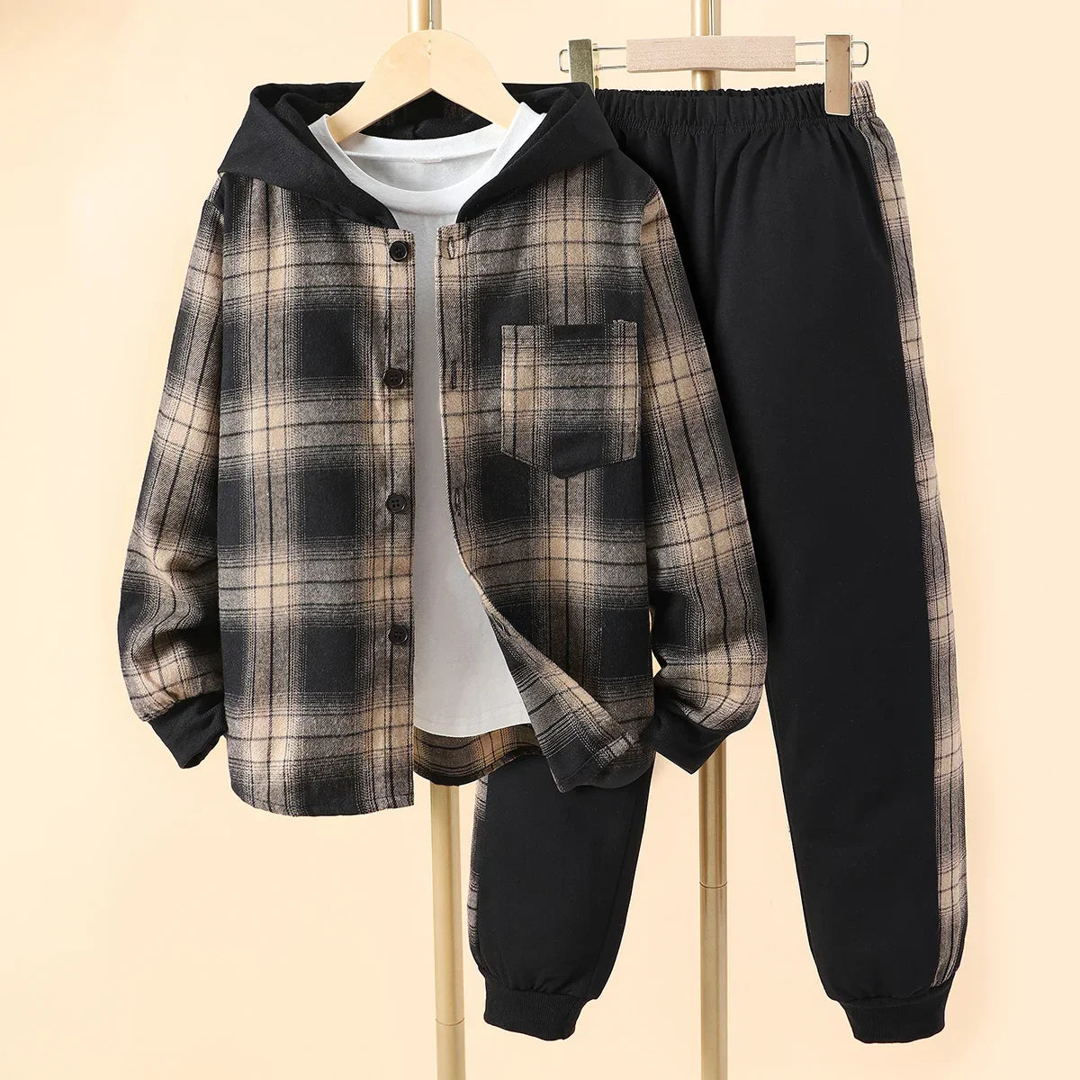 Kids Boys' Autumn Casual Checker Hoodie Set