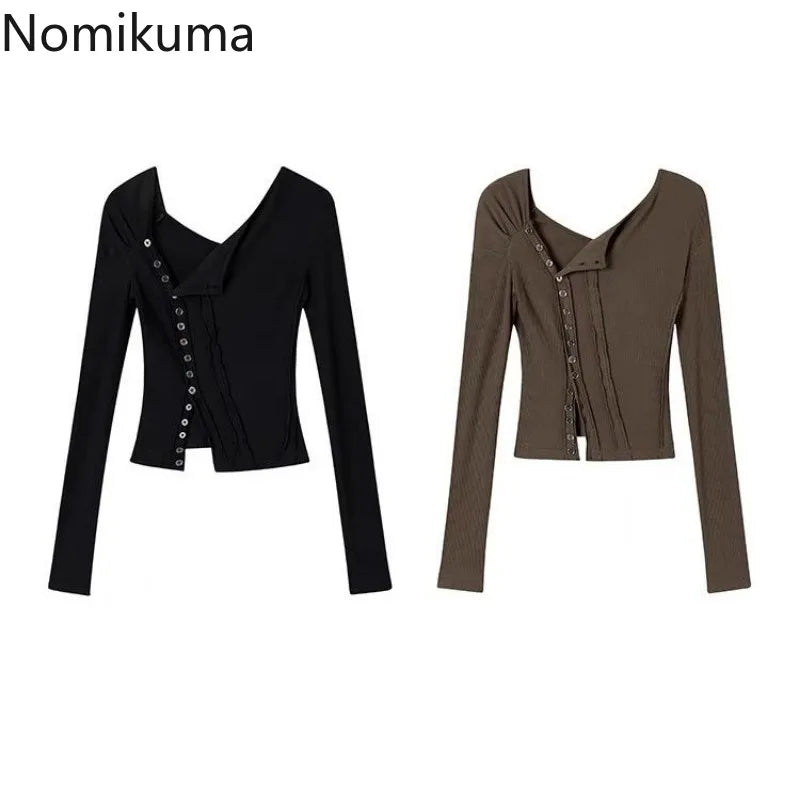 Black Tshirts Women Clothes Long Sleeve Slash Neck Tunic Tees 2025 Ropa Mujer Single Breasted Sexy Korean Y2k T Shirt Ropa Mujer