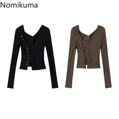 Black Tshirts Women Clothes Long Sleeve Slash Neck Tunic Tees 2025 Ropa Mujer Single Breasted Sexy Korean Y2k T Shirt Ropa Mujer