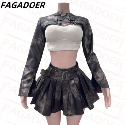FAGADOER Punk Gothic Leather Two Piece Set for Women Long Sleeves Crop Jacket + Pleated Skirt Suits Fashion Streetwear 2025 New